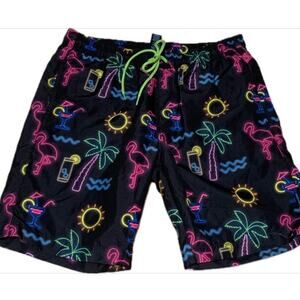 Hot Coals Swim Shorts Small Flamingo Palm Tree Sun black neon pink green drinks